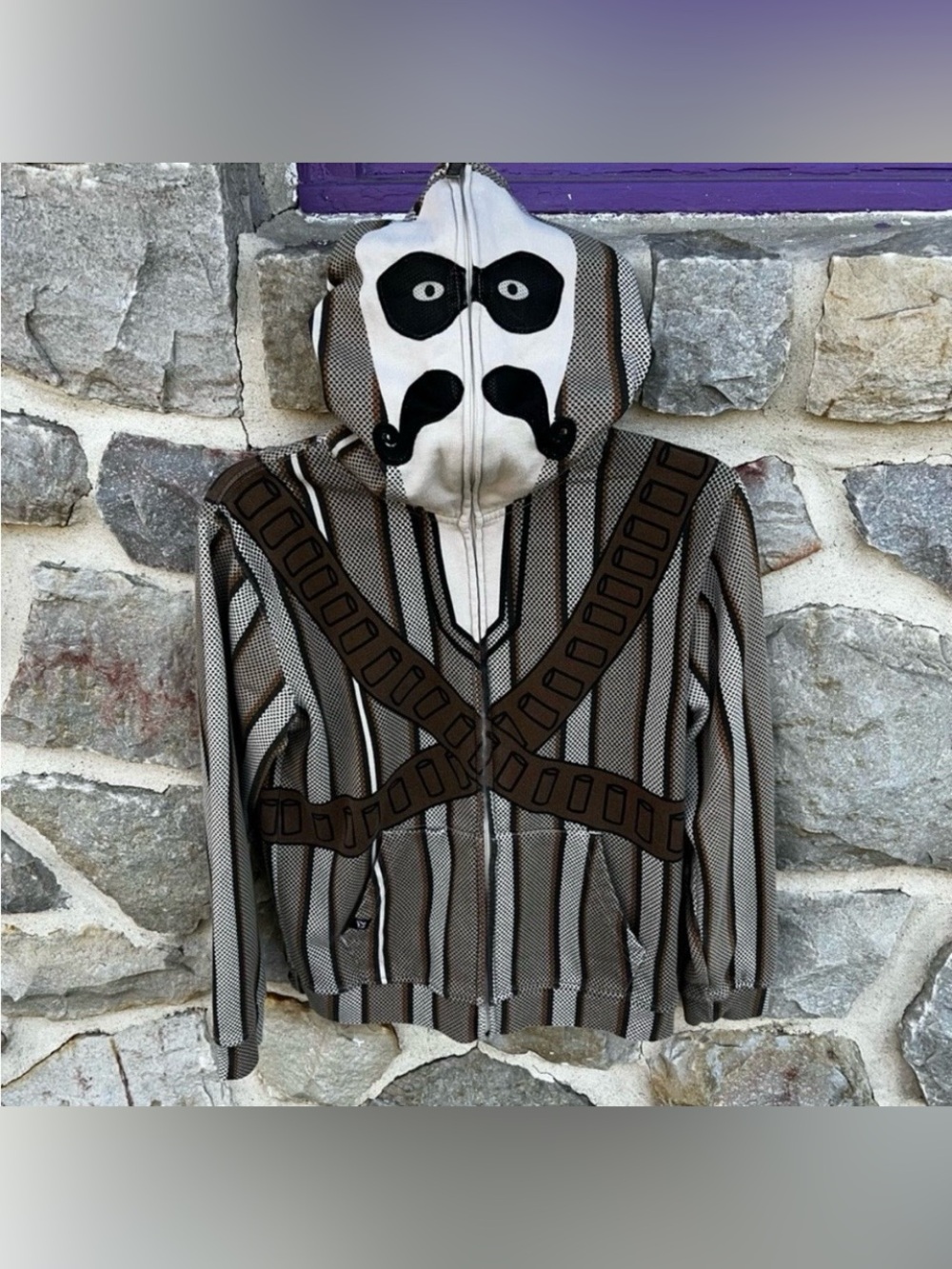 Volcom Brown and Cream Striped Masked Hoodie Costume